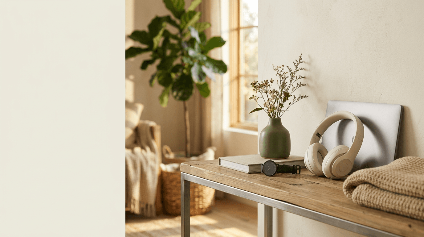 Thoughtfully curated tech and lifestyle essentials in warm afternoon light